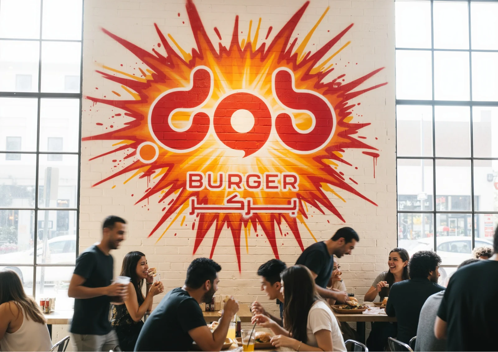DOB Burger mural inside a busy restaurant