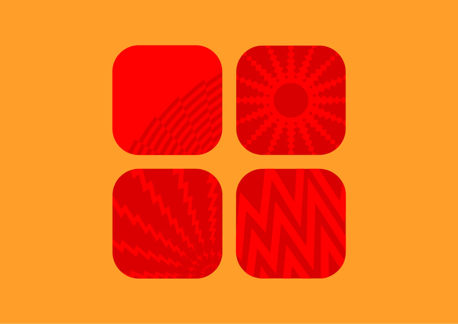 Four graphic patterns in red and orange