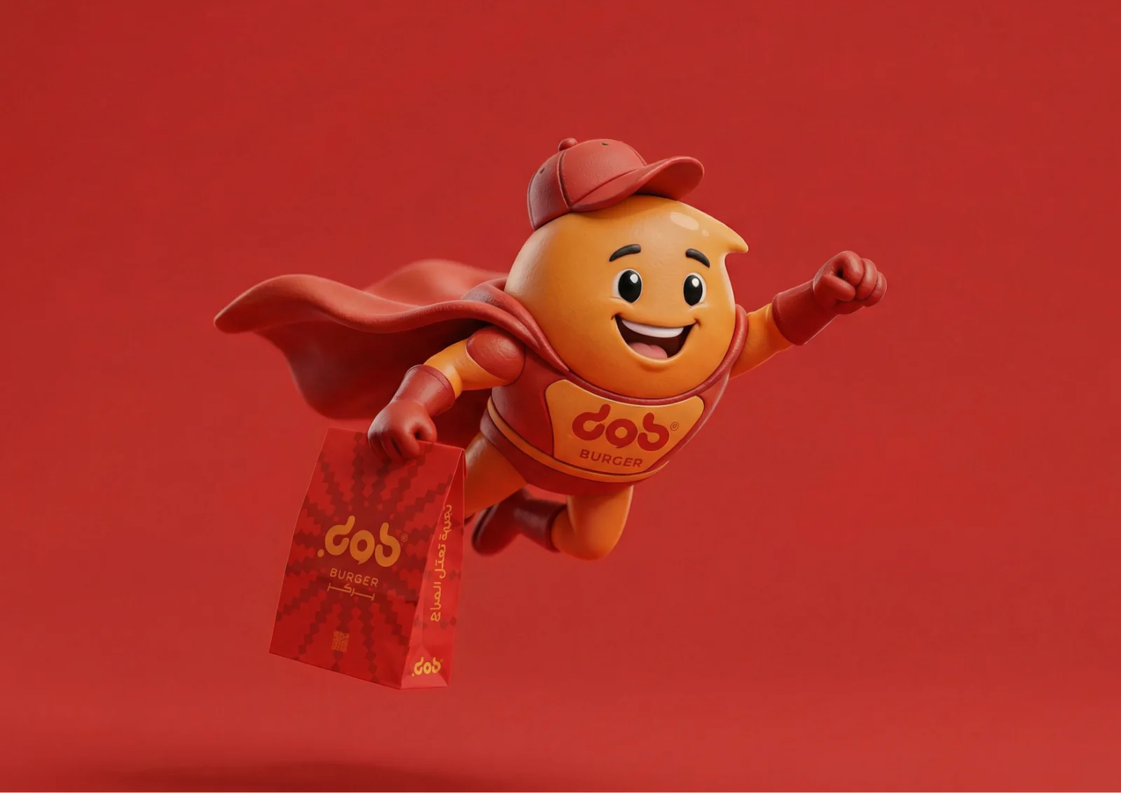DOB Burger mascot dressed as a superhero