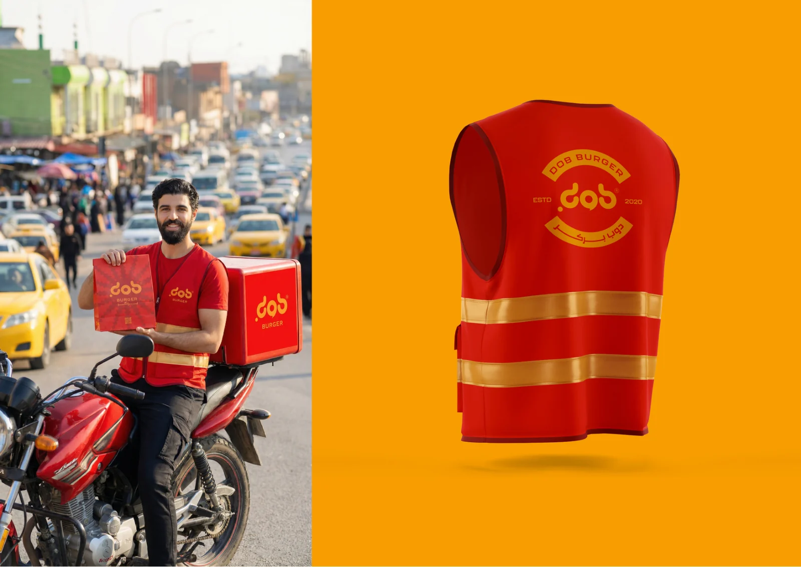 DOB Burger delivery rider and branded shirt