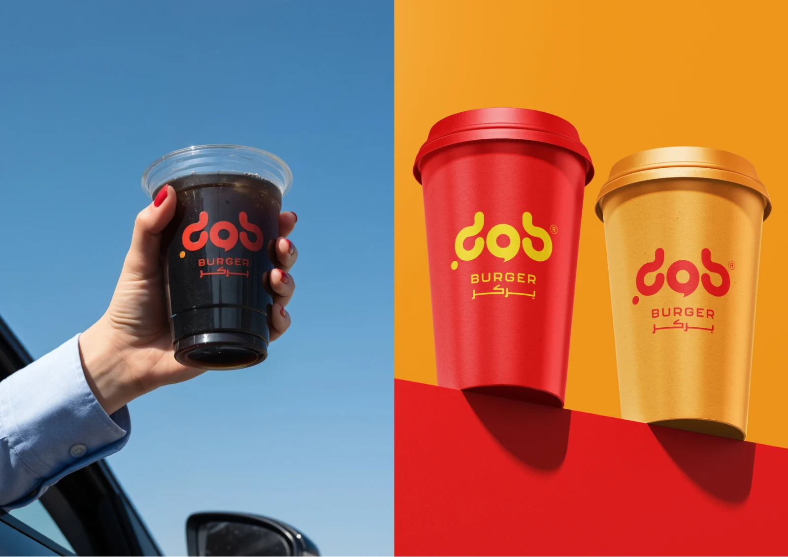DOB Burger takeaway cups in red and yellow